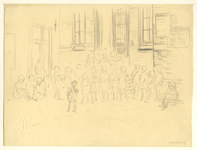 39674 Afbeelding van een groep wachtende kinderen bij de uitdeelpost Geertekerkhof te Utrecht, gevestigd in het gebouw ...